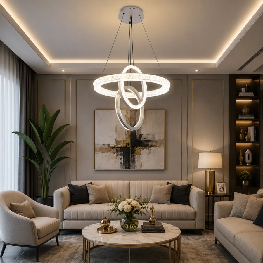 ثريا علاقي LED مودرن فاخرة بريموت ودايمر – 3 ألوان إضاءة أصفر وأبيض وكريمي | ألمنيوم وارتفاع قابل للتعديل