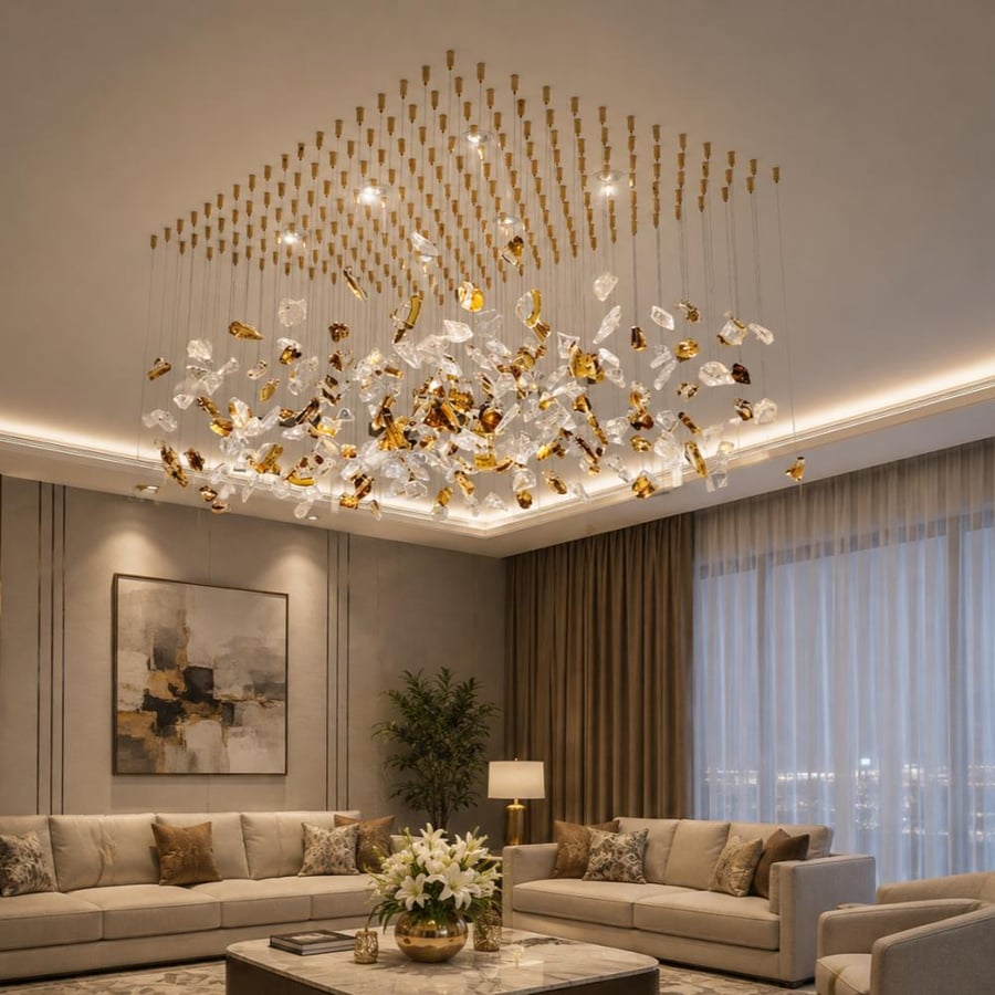 ثريا أحجار كريستال مستطيلة فاخرة 140×80 سم | 220 حجر كريستال شفاف وثلجي وعسلي | تصميم عصري فاخر للمجالس والصالات وقاعات الاستقبال