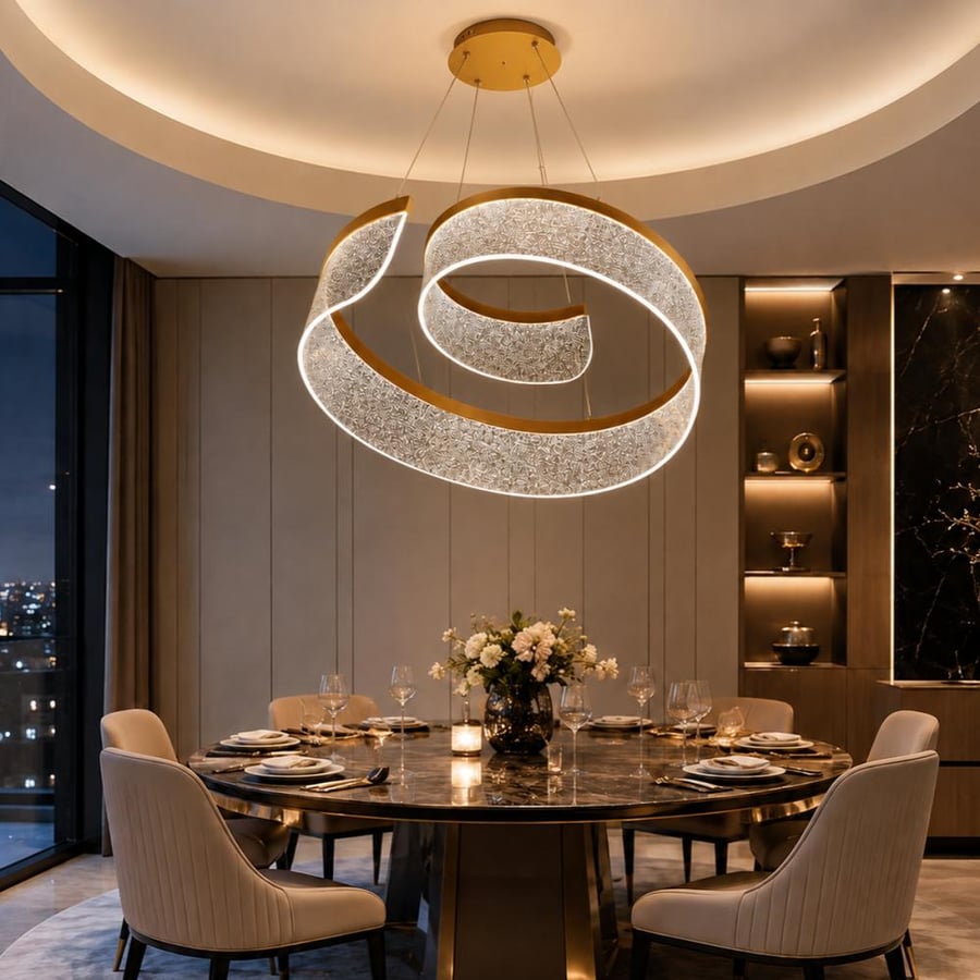 ثريا علاقي LED مودرن ذهبي مقاس 50 سم – تصميم حلزوني فاخر بثلاث ألوان إضاءة | أصفر وأبيض كريمي