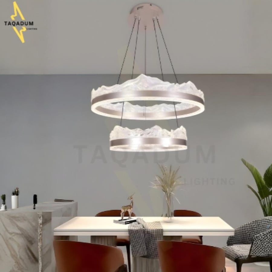 ثريا علاقي LED مودرن حلقتين 60+40 سم – أسود أو رصاصي | 3 ألوان إضاءة بريموت ودايمر – ألمنيوم