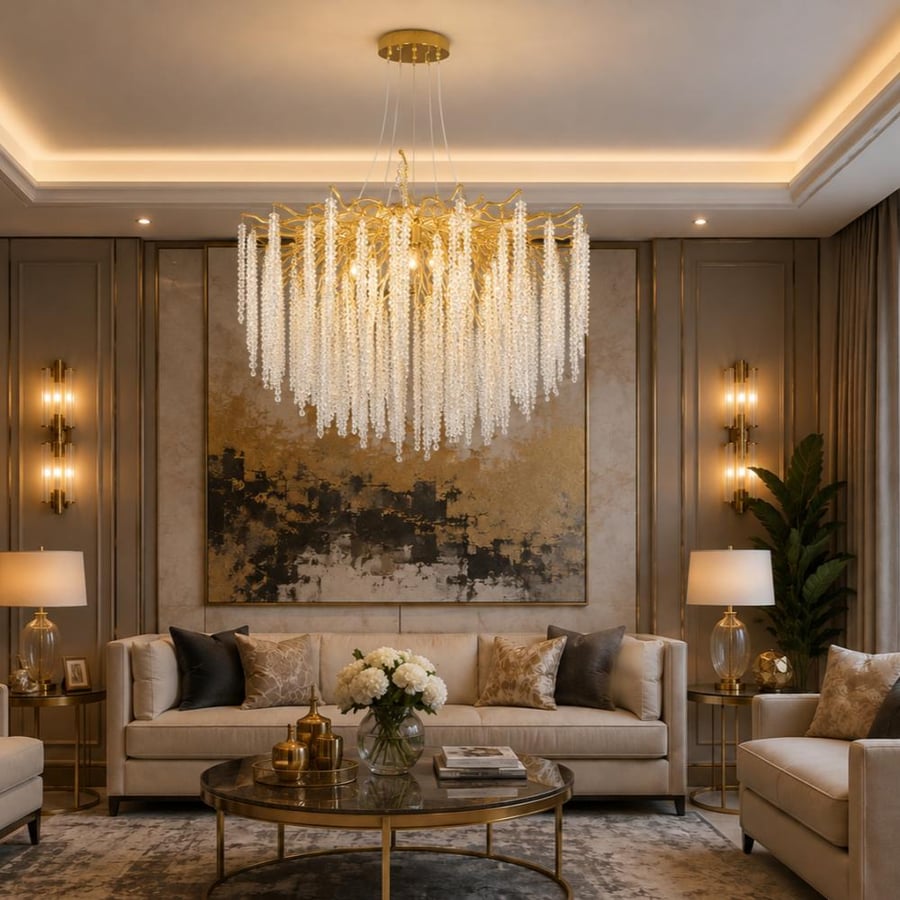 ثريا علاقي كريستال مودرن ذهبي 80 سم – 13 لمبة E14 | تصميم فاخر ومتألق