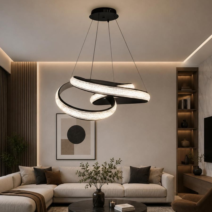 ثريا علاقي LED مودرن أسود فاخرة – 3 ألوان إضاءة أصفر وأبيض وشمسي | ألمنيوم وارتفاع قابل للتعديل
