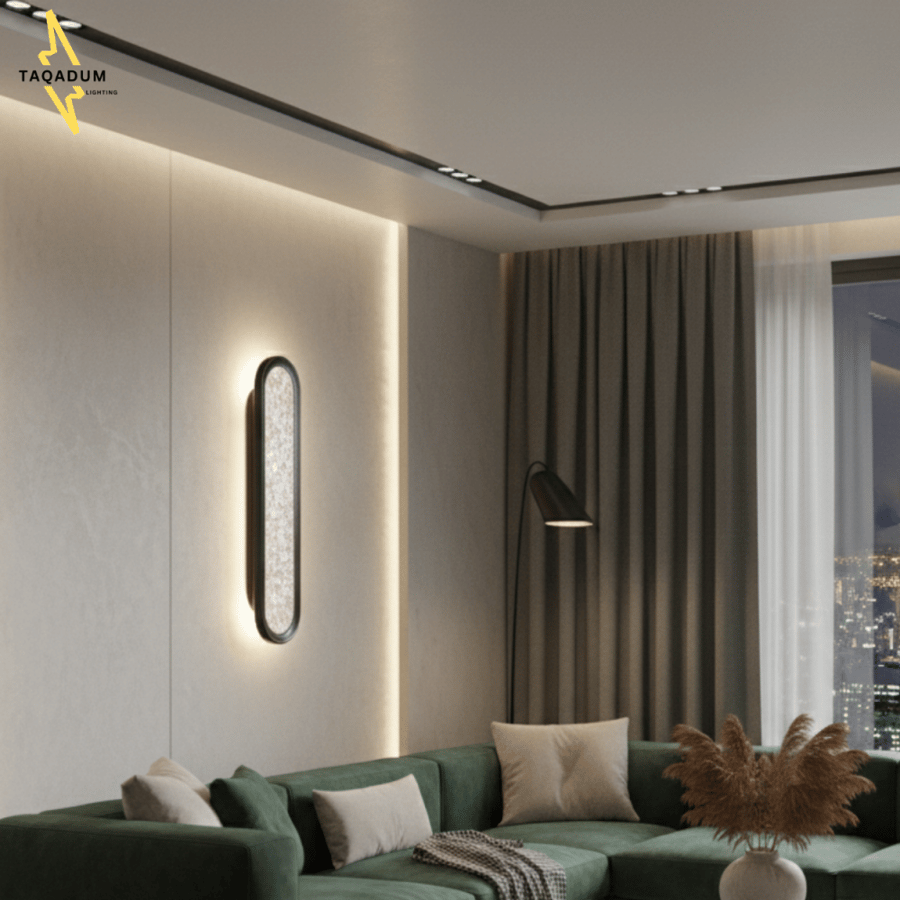 أبليك جداري LED مودرن أسود 40–60 سم – ثلاث ألوان إضاءة بتصميم كريستالي فاخر