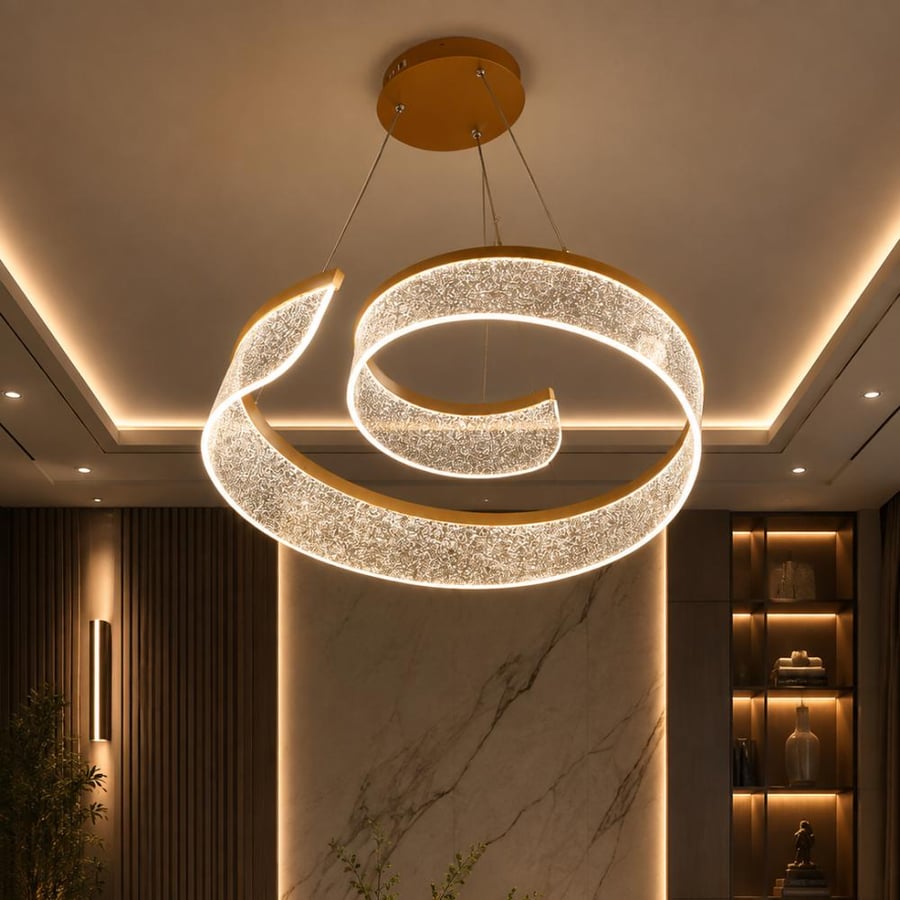 ثريا علاقي LED مودرن ذهبي مقاس 50 سم – تصميم حلزوني فاخر بثلاث ألوان إضاءة | أصفر وأبيض كريمي