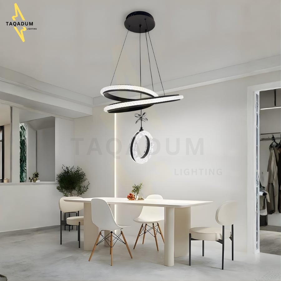 ثريا علاقي LED مودرن فاخرة – 3 ألوان إضاءة أصفر وأبيض وشمسي | متوفرة أسود وأبيض – ألمنيوم وارتفاع قابل للتعديل