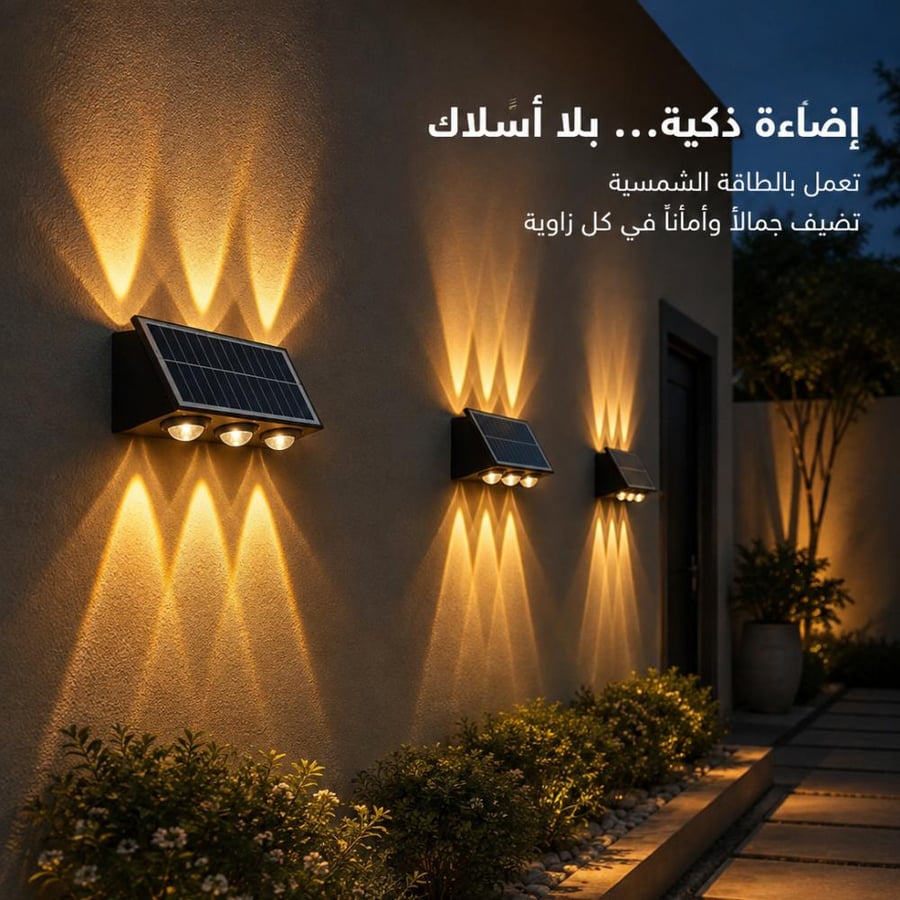 جداري خارجي بالطاقة الشمسية 7 واط – إضاءة LED صفراء دافئة 3000K | مقاوم للعوامل الجوية | تصميم عصري فاخر للواجهات والحدائق والممرات