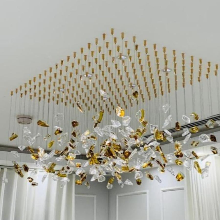 ثريا أحجار كريستال مستطيلة فاخرة 140×80 سم | 220 حجر كريستال شفاف وثلجي وعسلي | تصميم عصري فاخر للمجالس والصالات وقاعات الاستقبال