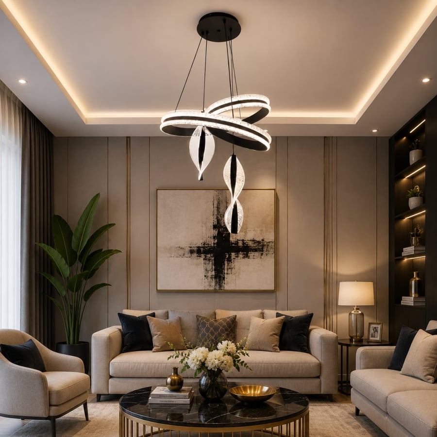 ثريا علاقي LED مودرن فاخرة بريموت تحكم – 3 ألوان إضاءة | ذهبي وأسود | ألمنيوم وارتفاع قابل للتعديل – ضمان سنتين