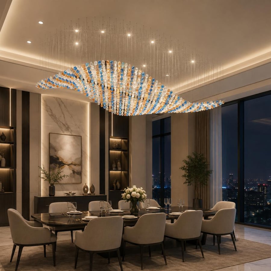 ثريا كريستال ويف فاخرة للمجالس والصالات 3 × 1.5 متر | تصميم Wave عصري | 950 حجر كريستال شفاف وعسلي وأزرق | تحفة فنية للأسقف العالية