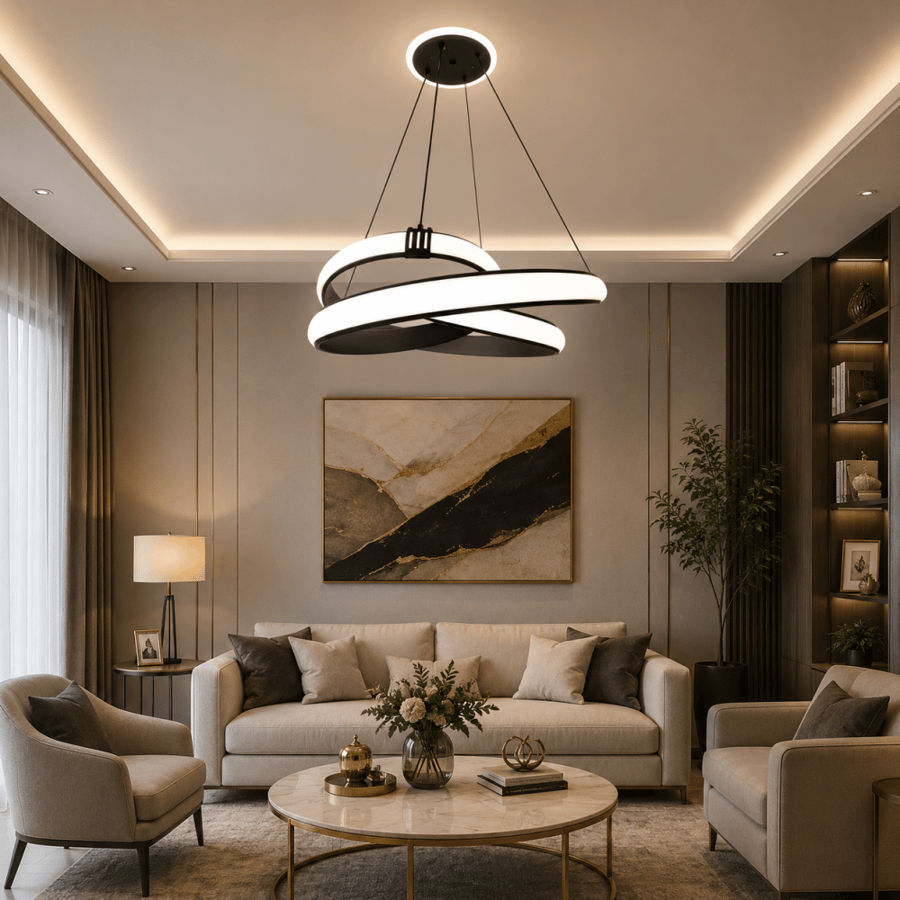 ثريا علاقي LED مودرن أسود بريموت تحكم – 3 ألوان إضاءة أبيض وأصفر وكريمي | ألمنيوم فاخر وارتفاع قابل للتعديل