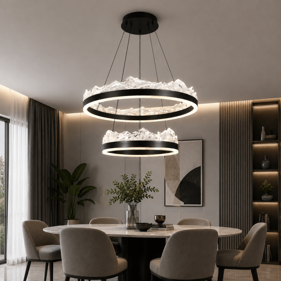 ثريا علاقي LED مودرن حلقتين 60+40 سم – أسود أو رصاصي | 3 ألوان إضاءة بريموت ودايمر – ألمنيوم