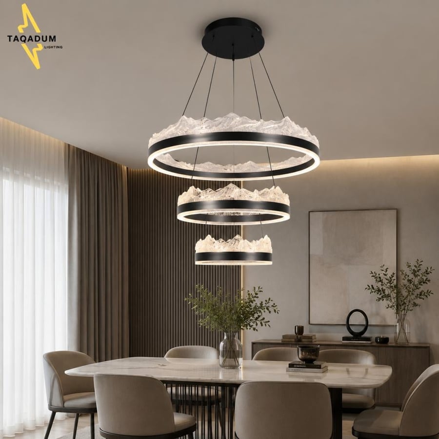 ثريا علاقي LED مودرن ثلاث حلقات 80+60+40 سم بريموت تحكم – 3 ألوان إضاءة | ألمنيوم فاخر
