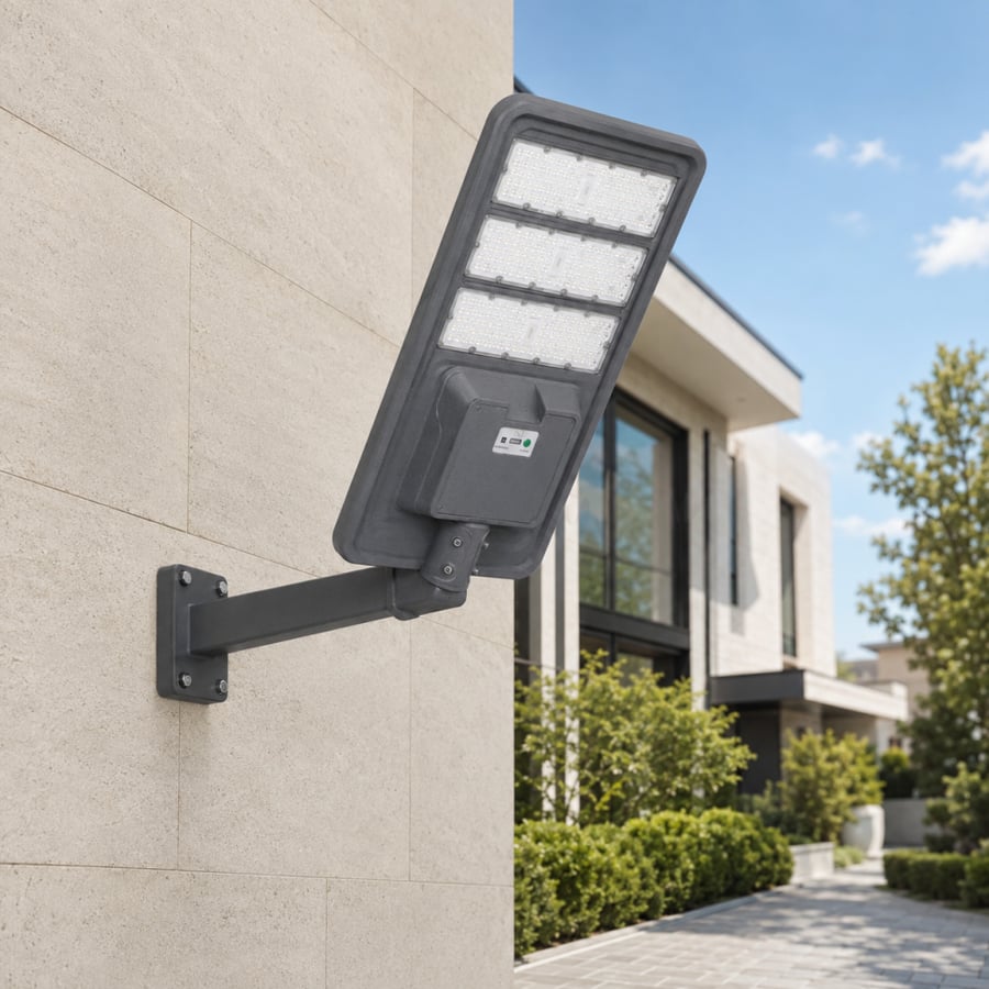 كشاف طاقة شمسية LED 300 واط – هيكل ألمنيوم رمادي – مقاوم للماء IP65 – إضاءة أبيض 6500K و أصفر 3000K