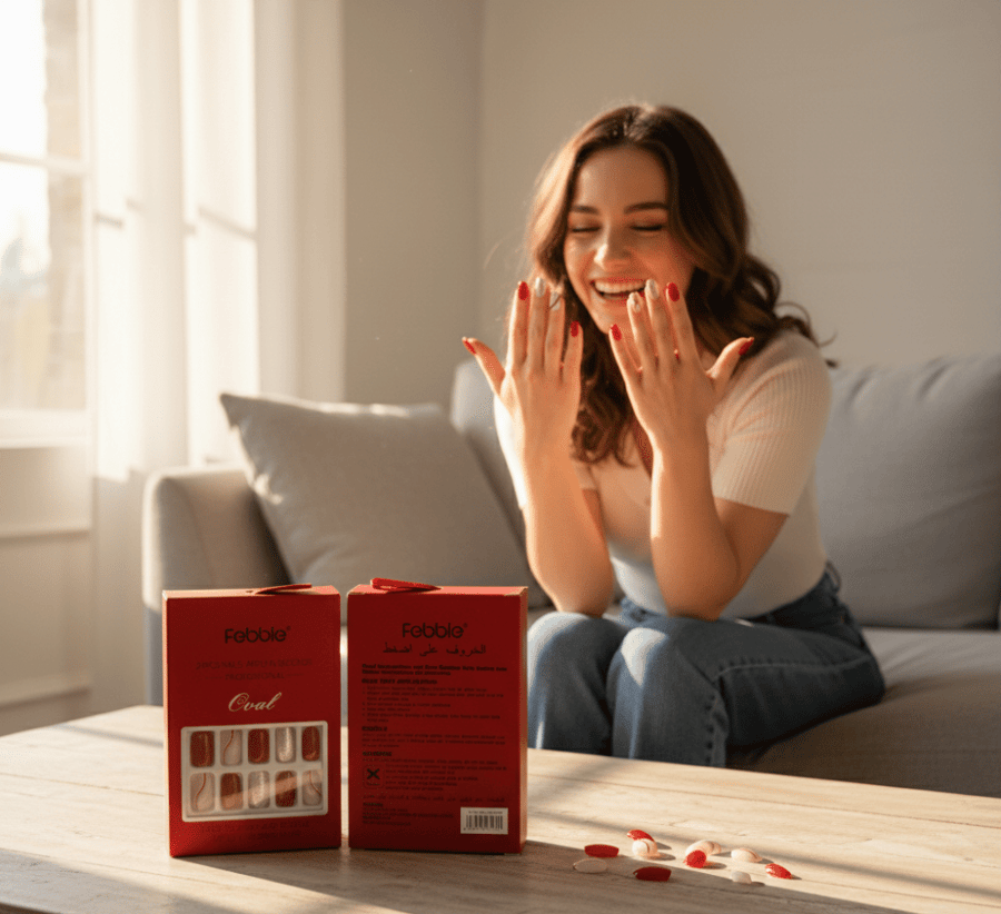 أظافر فيبل تركيب باللون الأحمر الكلاسيكي مع لمسات ذهبية