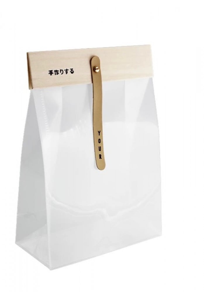 transparent bag with wooden lid