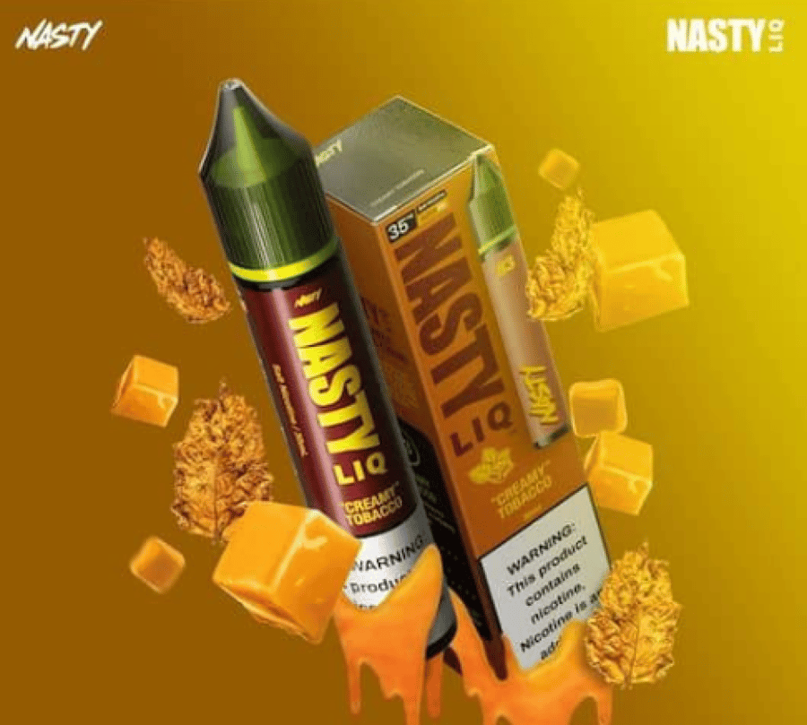 نكهة ناستي كريمة توباكو Nasty Liq مع عبوة المنتج وتصميم السائل