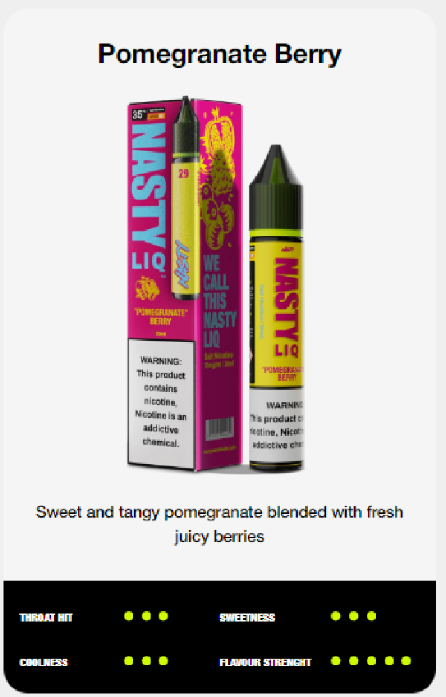 نكهة ناستي ليق رمان وتوت من Nasty Juice مع عبوة المنتج