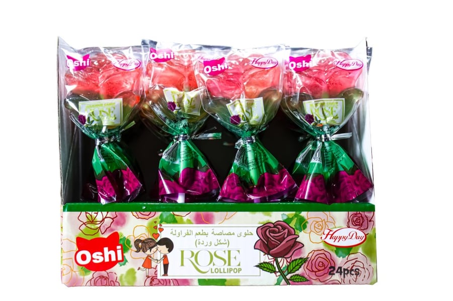 Strawberry-flavored lollipop shaped like a rose 24*15 grams