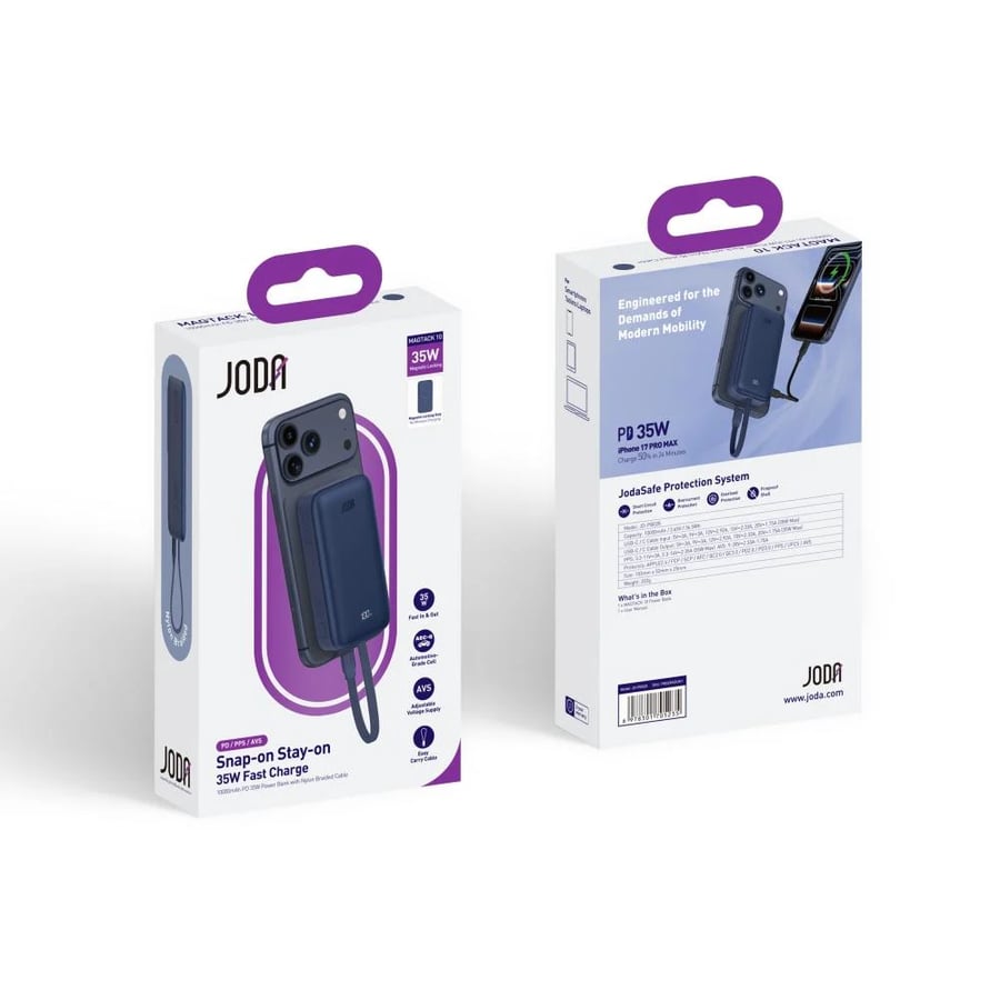 JODA MagTack battery with 35-watt power, 10000 mAh capacity, with built-in Type-C cable - Blue Titanium