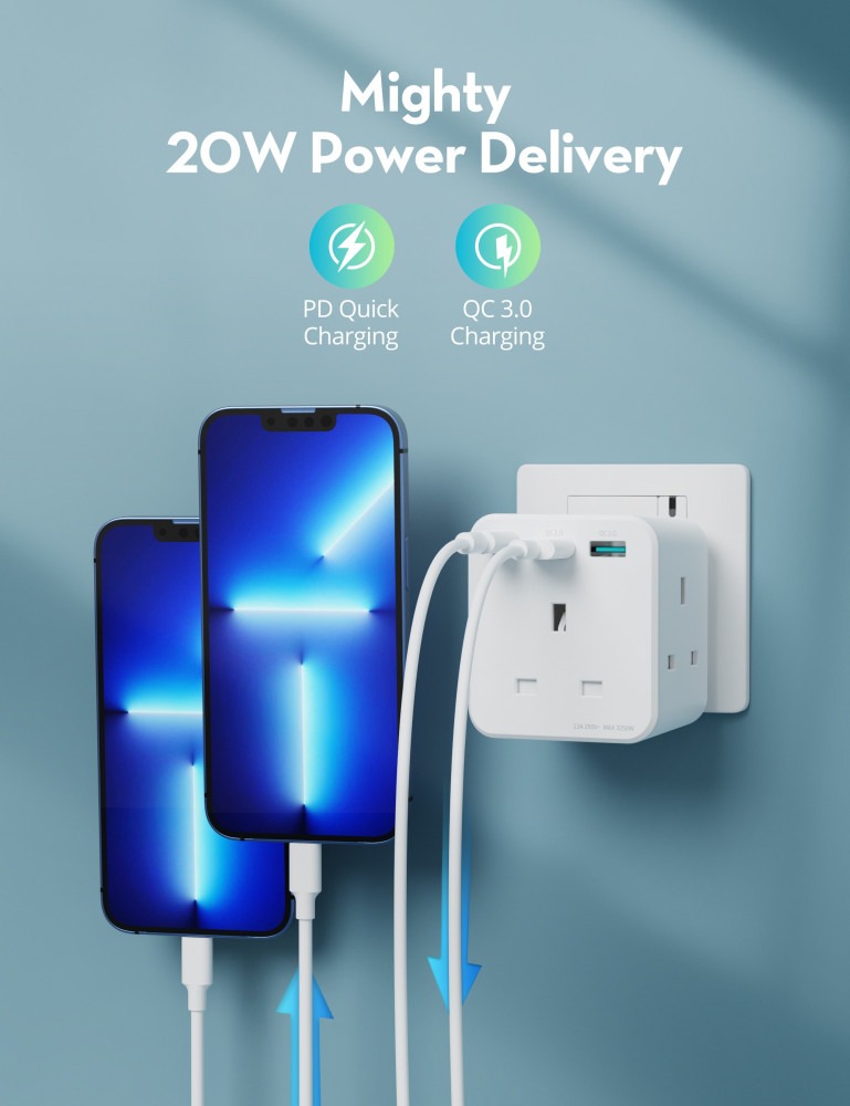 Wall charger with 3 power outlets, three-phase, with two USB ports and a Type-C port with PD technology, 20-watt power from RAVPower
