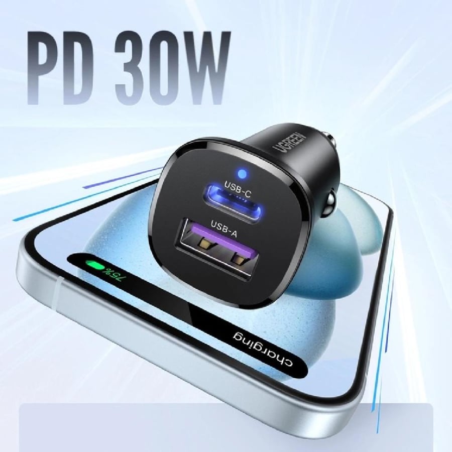 Car charger 30 watt with USB port and Type C port - black