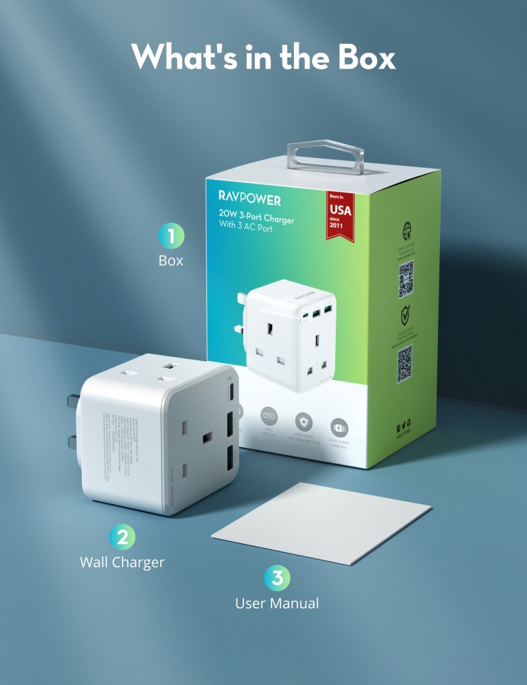 Wall charger with 3 power outlets, three-phase, with two USB ports and a Type-C port with PD technology, 20-watt power from RAVPower