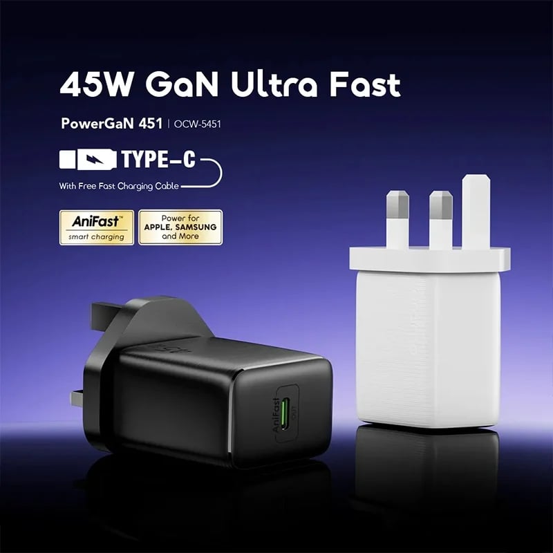 أورايمو شاحن جداري بمنفذ USB-C وبقوة 45 واط مع سلك USB-C أسود - OSW5451UCC