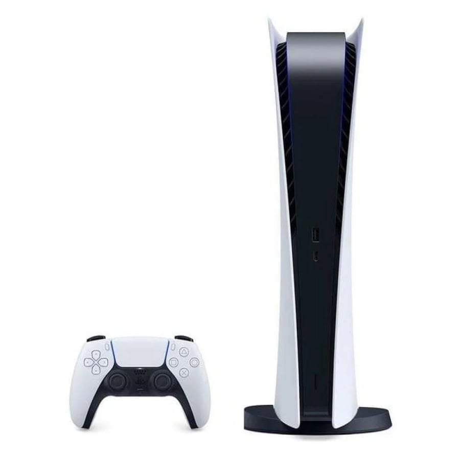 Sony PlayStation 5 Slim - Digital Edition - 825 GB capacity with display screen, Sony controller, and headphones