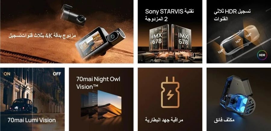 كاميرا سيارة داش كام بالمكثف 70mai T800 امامية وخلفية وداخلية بدقة 4K بتقنية HDR بنظام GPS