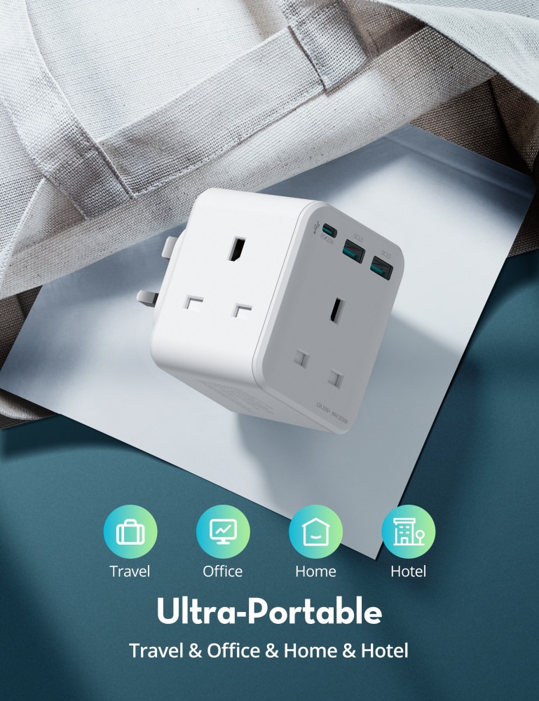 Wall charger with 3 power outlets, three-phase, with two USB ports and a Type-C port with PD technology, 20-watt power from RAVPower