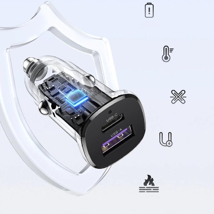 Car charger 30 watt with USB port and Type C port - black