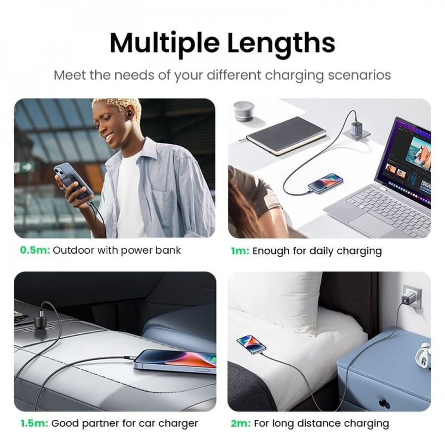 سلك شاحن يوجرين من USB-C إلى آيفون مضفر بطول 2 م - أسود