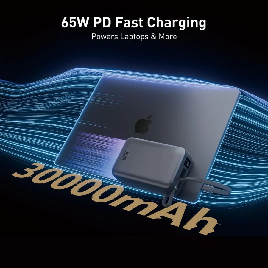 JODA portable battery charge with 65 watts power and 30000 mAh capacity with Type-C port and USB port with integrated Type-C cable - black