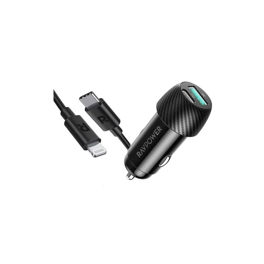 راف باور كومبو شاحن سيارة بتقنيه بي دي 25 واط ومنفذ USB-A 24 واط + كيبل تايب سي لايتننق