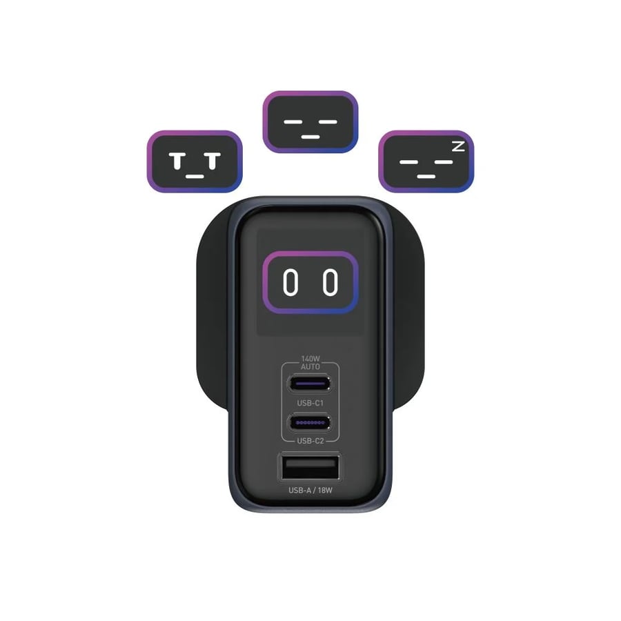 JODA VoltLux wall charger with 140-watt power, two Type-C ports, one USB port, and Type-C cable - gray
