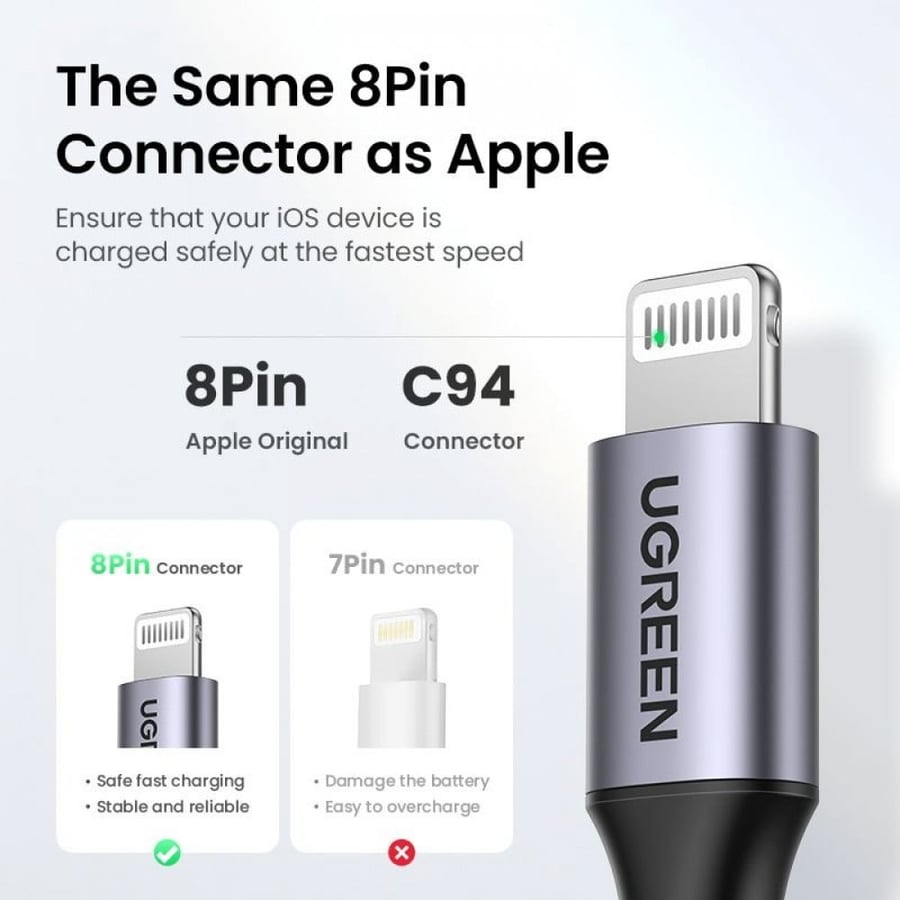 سلك شاحن يوجرين من USB-C إلى آيفون مضفر بطول 2 م - أسود