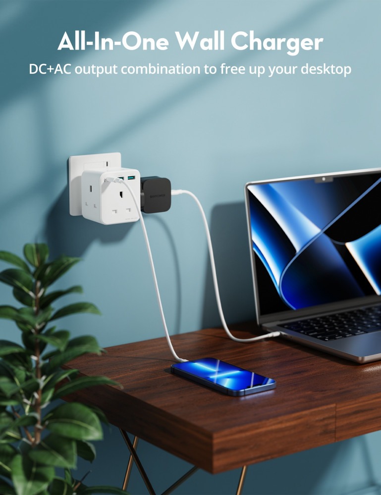 Wall charger with 3 power outlets, three-phase, with two USB ports and a Type-C port with PD technology, 20-watt power from RAVPower