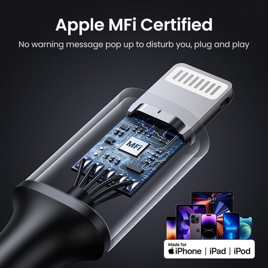 سلك شاحن يوجرين من USB-C إلى آيفون مضفر بطول 2 م - أسود