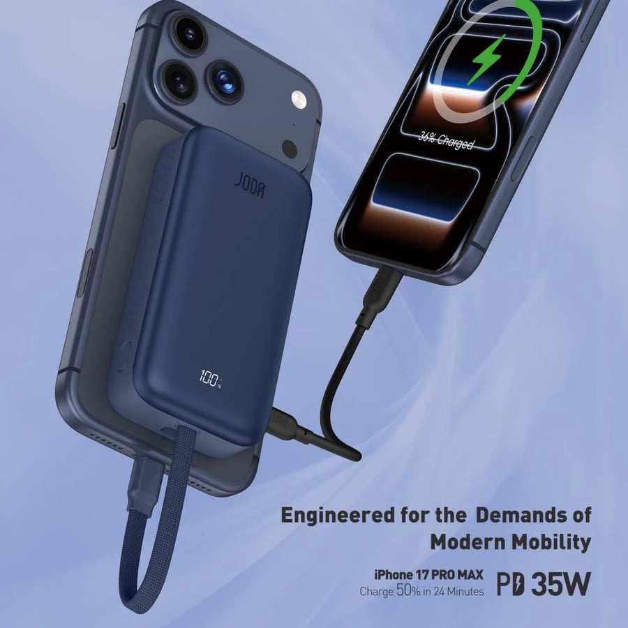 JODA MagTack battery with 35-watt power, 10000 mAh capacity, with built-in Type-C cable - Blue Titanium