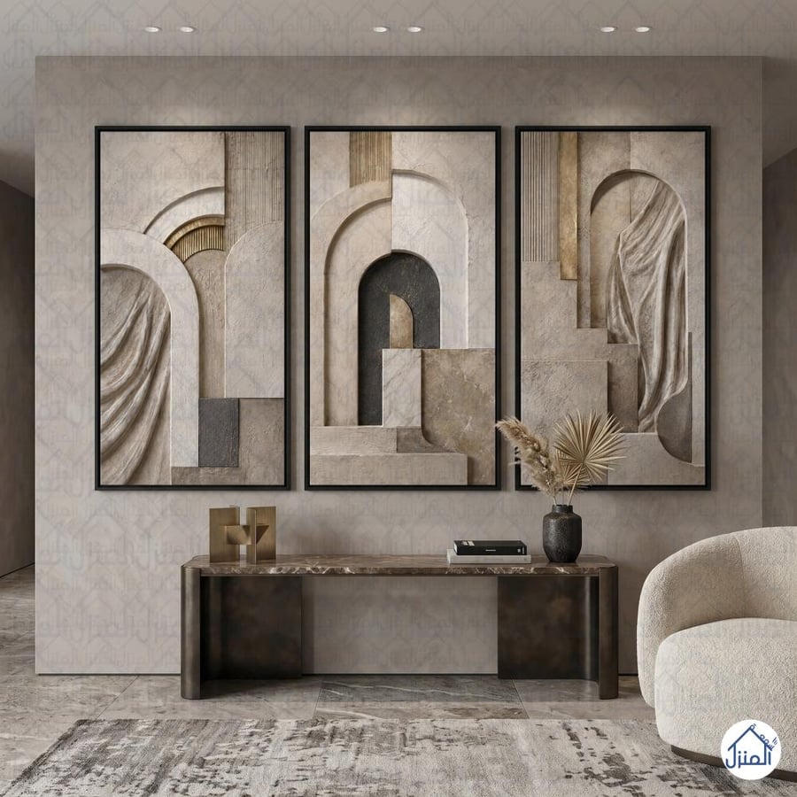 لوحات تجريدية 3 قطع بتصميم أقواس معمارية وخامات حجرية طباعة كانفس