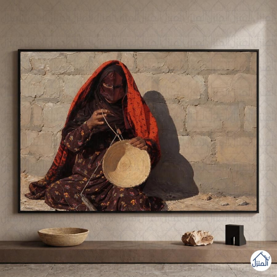 لوحة جدارية امرأة سعودية تنسج السدو التراثي وطباعة كانفس