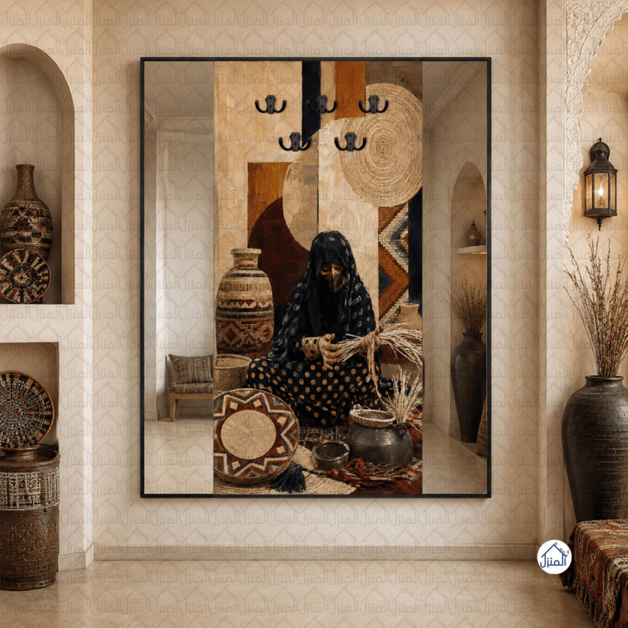 لوحة علاقات عبايات بمرايات جانبية ومشهد تراثي شعبي طباعة كانفس