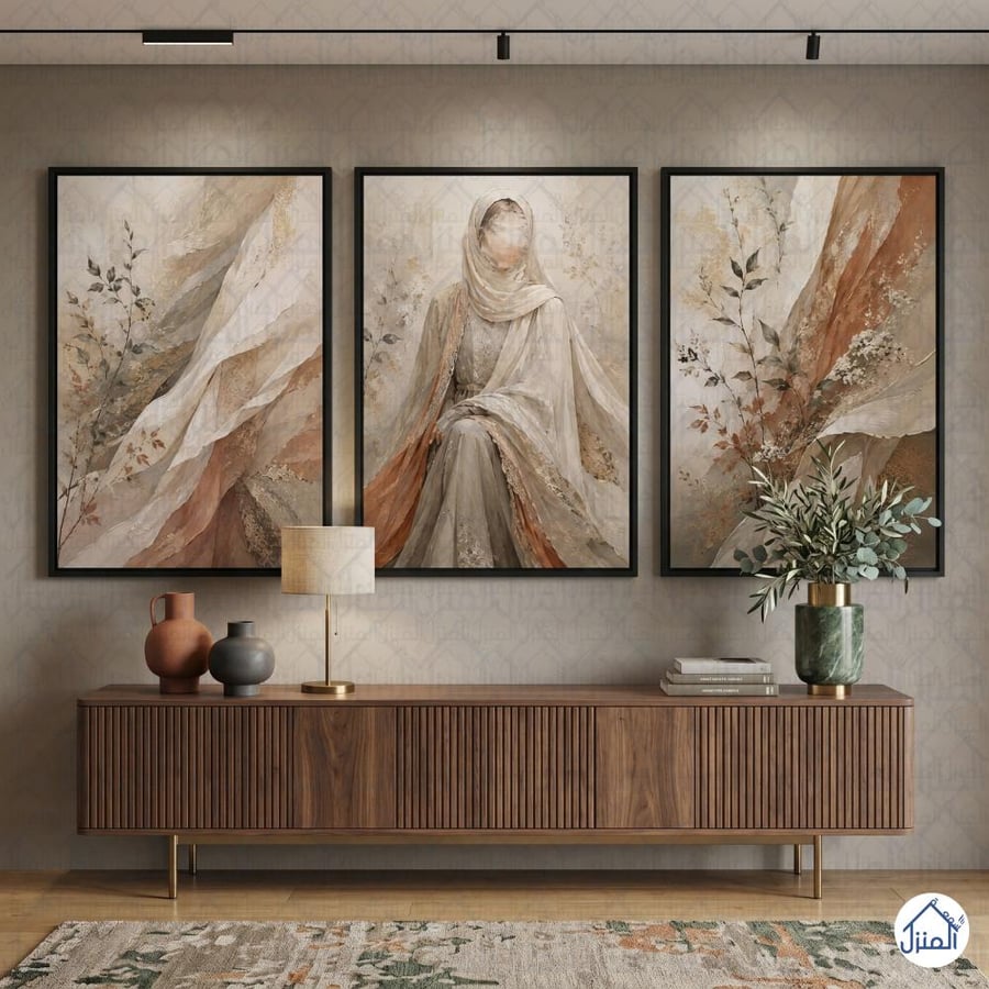 لوحات فنية 3 قطع بتصميم نسائي تجريدي وألوان ترابية طباعة كانفس