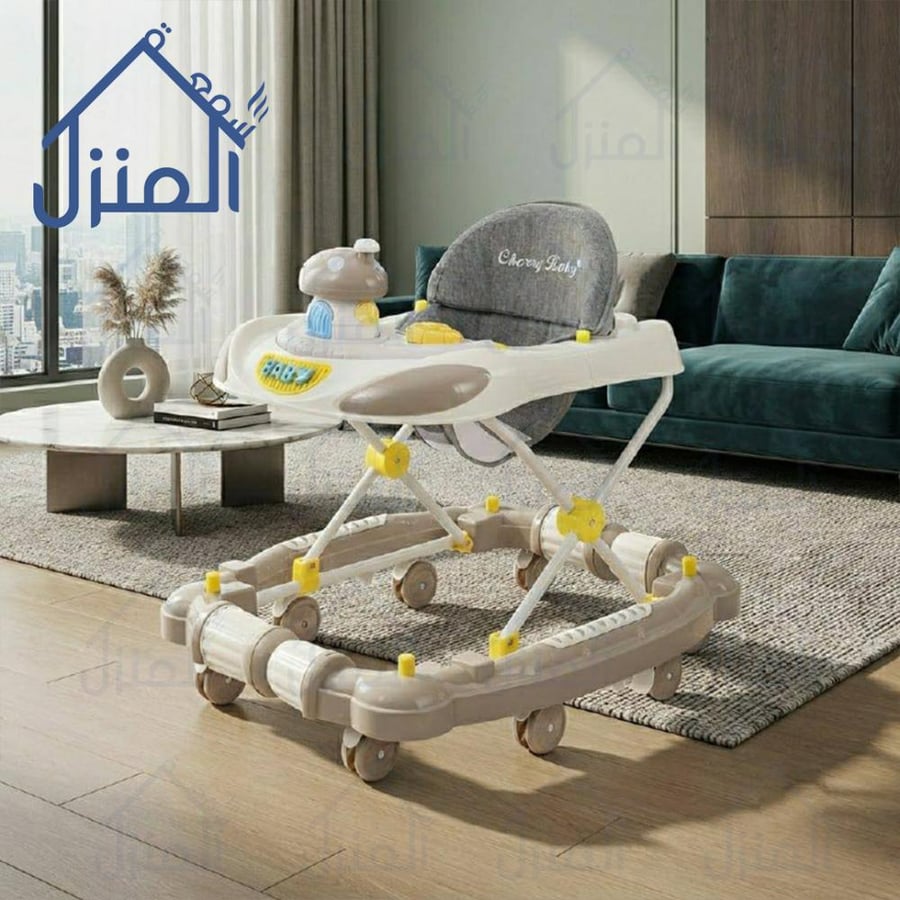 مشاية أطفال قابلة لتعديل الارتفاع مع لوحة ألعاب ومقعد مبطن وعجلات مرنة