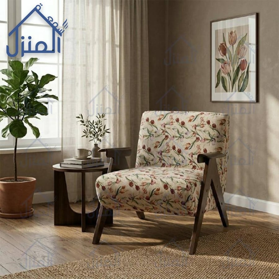 كرسي استرخاء بقماش مزخرف بنقوش زهرية وهيكل خشبي أنيق