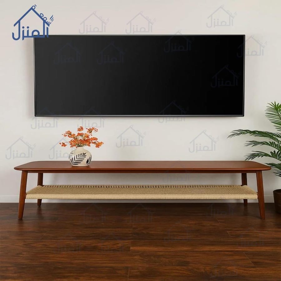 طاولة تلفزيون خشب طبيعي مع رف سفلي من الخيش مقاس 160