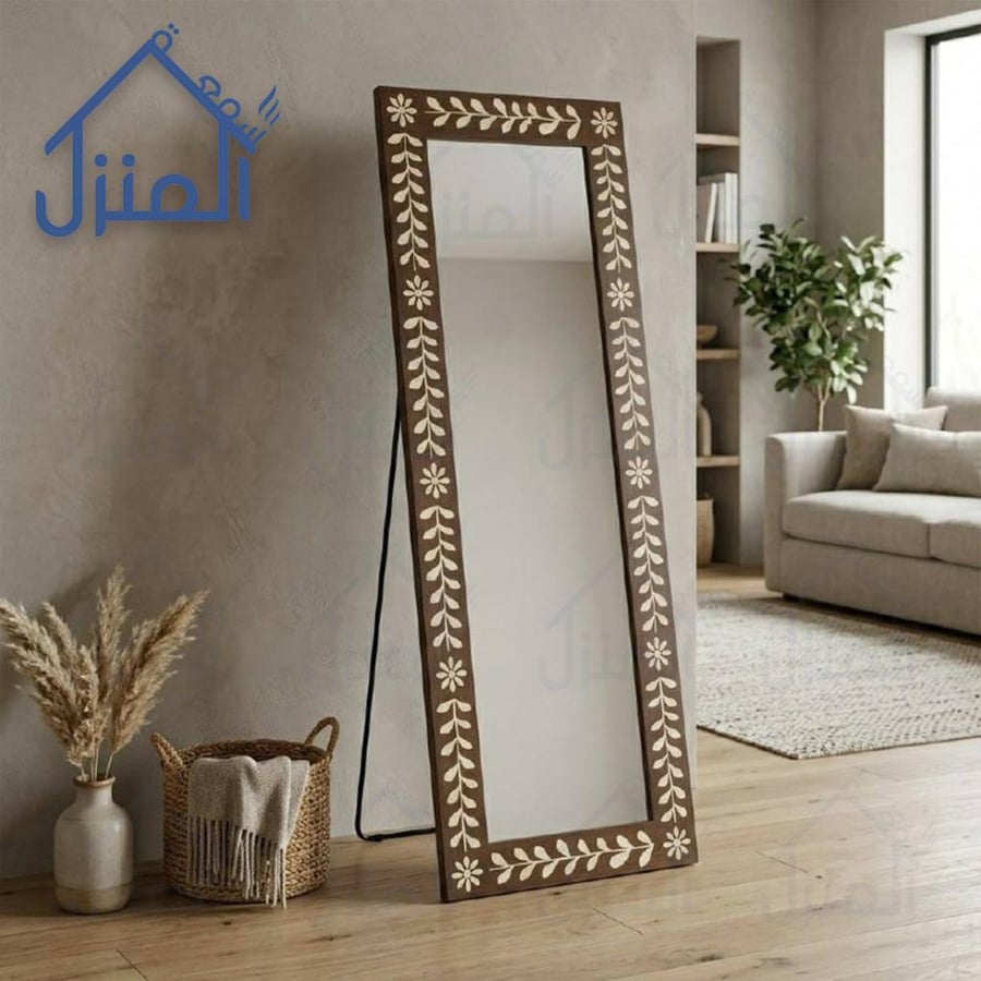 مرآة أرضية بإطار خشبي مزخرف بنقوش نباتية لغرف النوم والمداخل