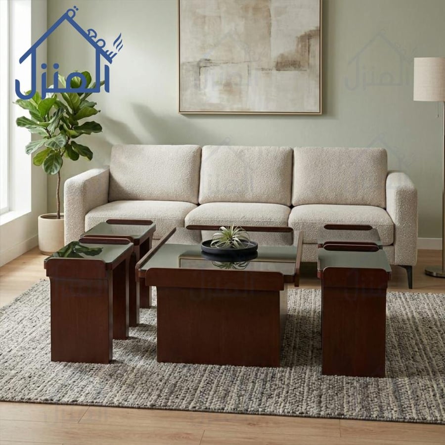 طاولة مجالس مودرن بسطح زجاج مع 4 طاولات خدمة تصميم أنيق