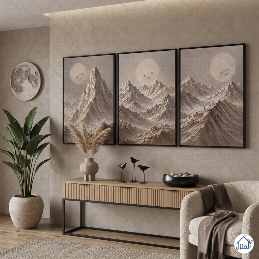 لوحات جبال 3 قطع بتصميم طبيعي هادئ وألوان حيادية طباعة كانفس