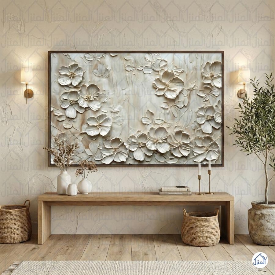 لوحة جدارية زهور بيضاء بارزة بتصميم ثلاثي الأبعاد وطباعة كانفس